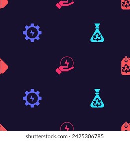 Set Garbage bag with recycle, Gear and lightning, Lightning bolt and Tag on seamless pattern. Vector