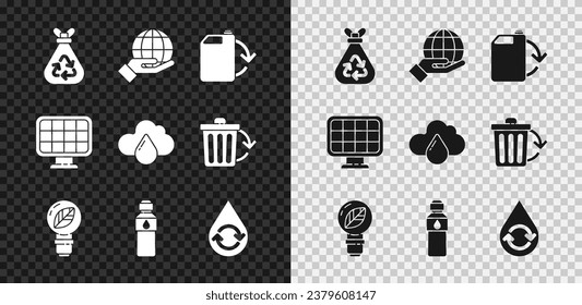 Set Garbage bag with recycle, Hand holding Earth globe, Eco fuel canister, Light bulb leaf, Bottle of water, Recycle clean aqua, Solar energy panel and Cloud rain icon. Vector