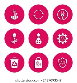 Set Garbage bag with recycle, Paper shopping, Recycle symbol inside shield, and gear, bin, Light bulb leaf, Electric plug and saving icon. Vector
