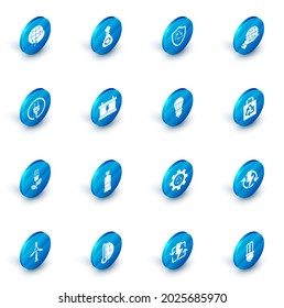 Die Mülltüte mit Recycling, Wiederverwertung des Symbols im Schild, menschliche Hände, die die Erdkugel halten, Elektrischer Stecker, Leuchtstoffblatt, Autobatterie, Papiereinkauf und LED-Lichtsymbol. Vektorgrafik