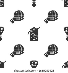 Set Garbage bag with recycle, Tag with leaf symbol and Human hands holding Earth globe on seamless pattern. Vector
