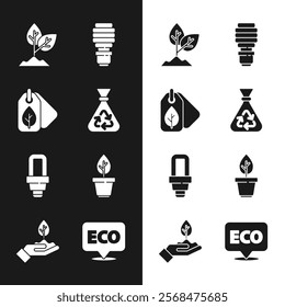 Set Garbage bag with recycle, Tag leaf, Plant, LED light bulb, in pot, Label for eco healthy food and hand icon. Vector