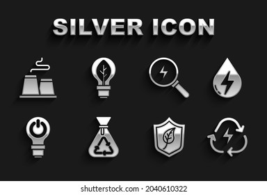 Müllbeutel mit Recycling, Wasserenergie, Batterie, Schildblatt, Blitzlampe, Blitzschlag, Fabrik und Icon. Vektorgrafik