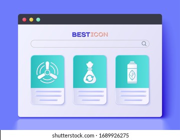 Set Garbage bag with recycle, Wind turbine and Recycling plastic bottle icon. Vector