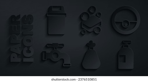 Set Garbage bag, Robot vacuum cleaner, Water tap, Dishwashing liquid bottle, Bar of soap and Trash can icon. Vector