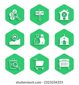 Set Garbage bag, Shopping cart, Trash can, Church building, Searching for food, Rising cost of housing, No house and money icon. Vector
