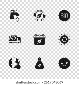 Set Garbage bag, Solar energy panel, Recycle symbol, Calendar with autumn leaves, Banner for bio, Water tap, Electric saving plug in leaf and truck icon. Vector
