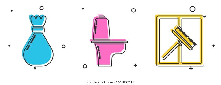 Set Garbage bag , Toilet bowl  and Squeegee, scraper, wiper icon. Vector