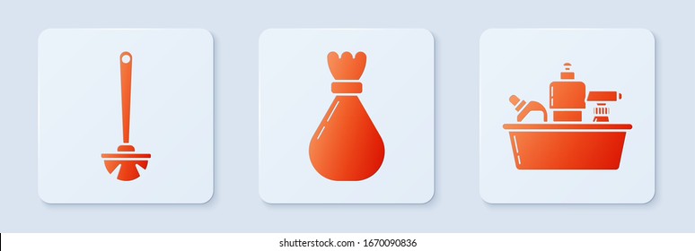 Set Garbage bag , Toilet brush  and Plastic bottles for liquid dishwashing liquid. White square button. Vector