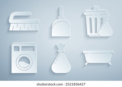 Set Garbage bag, Trash can and garbage, Washer, Bathtub, Dustpan and Brush for cleaning icon. Vector