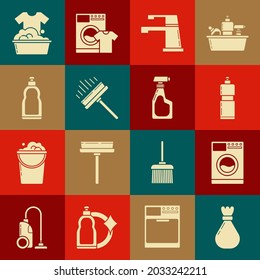 Set Garbage bag, Washer, Plastic bottles for liquid dishwashing liquid, Water tap, Squeegee, scraper, wiper, basin with soap suds and Cleaning spray detergent icon. Vector