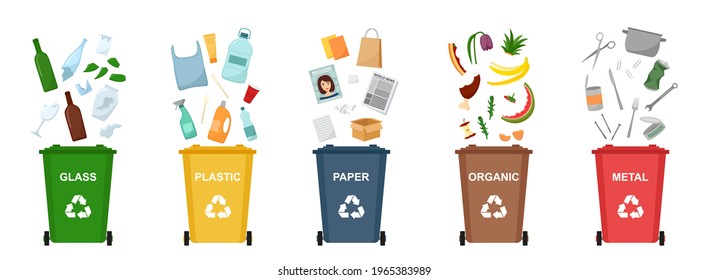 Set of garbage bins for recycling different types of waste. Sorting and recycling waste. vector illustration