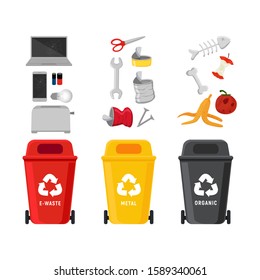 Set of garbage cans of different colors. Trash bins. Sorting garbage. Containers for garbage of different types. Separation of waste for recycling. E-waste, metal,organic.Vector images