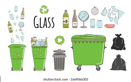 Set of garbage cans with glass garbage. Recycle trash bins full of trash. Waste management. Sorting garbage falls into bins. Utilization concept. Hand drawn vector illustration.