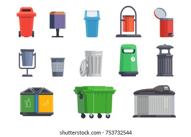 Set of garbage cans for home and street isolated on white background. Vector illustration