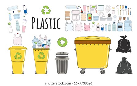 Set of garbage cans with plastic garbage. Recycle trash bins full of trash. Waste management. Sorting garbage falls into bins. Utilization concept. Hand drawn vector illustration.