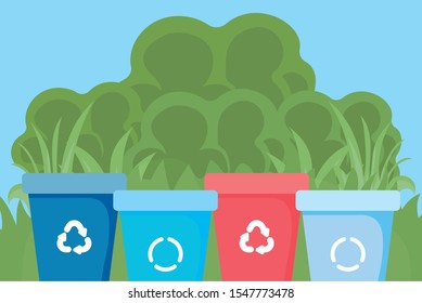 set of garbage cans with recycling arrows signal vector illustration design