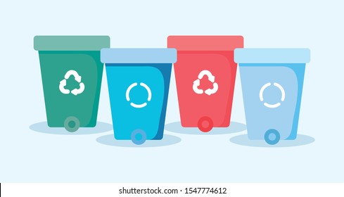 set of garbage cans with recycling arrows signal vector illustration design