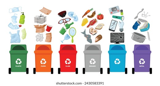 Set of garbage cans with sorted garbage collection. Sorting garbage infographic set. Ecology and recycle concept. Waste segregation. Ecology Sorting garbage by material and type in colored trash cans.