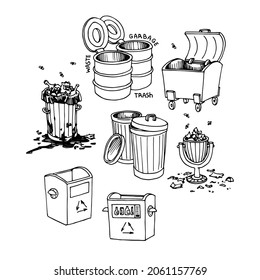 a set of garbage cans, waste bins, a dirty dump with flies, vector illustration with contour lines in black ink isolated on a white background in a doodle and hand drawn style