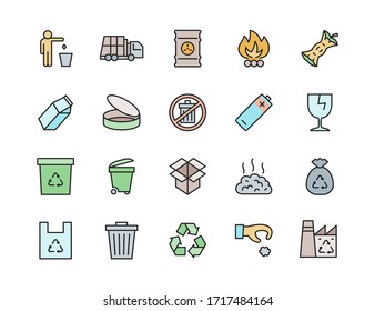 Set of Garbage Color Line Icons. Waste Factory, Trash Truck, Container and more.