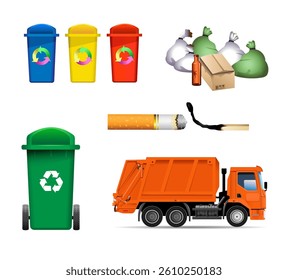 Set of garbage containers and household waste on white background. Vector art illustration