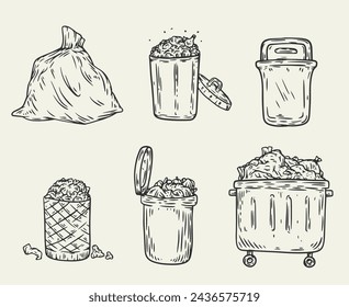 Set garbage containers in monochrome sketch style isolated on white background. Collection design elements. Trash bin, pack, box. Vector illustration.