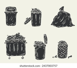 Set garbage containers in monochrome sketch style isolated on white background. Collection design elements. Trash bin, pack, box. Vector illustration.
