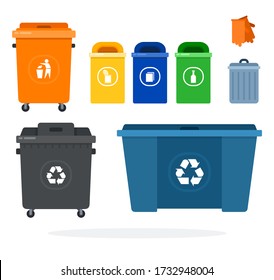 Set of garbage containers for recycling, different shapes, sizes, colors vector icon flat isolated.