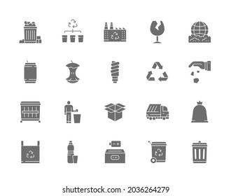 Set von Garbage Gray Icons. Dampferzeuger, Bier-Dosen, zerbrochenes Glas, Apfelkern und mehr