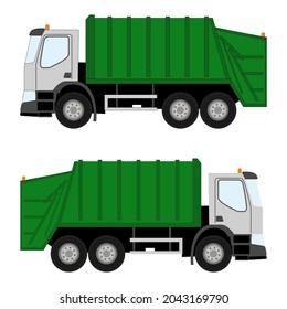 Set of garbage green truck car machine recycle sorting trash rubbish vector image