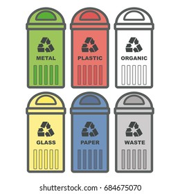 Set garbage icon. Waste, six colorful recycle bin icon metal, glass, paper, plastic, organic. Flat design. Wastebasket Container bin management and recycle concept. Isolated vector illustrations EPS10
