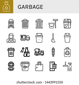 Set of garbage icons such as Garbage, Maid, Delete, Mop, Bin, Crane truck, Garbage bin, Bottle throw, Mixer truck, Cartridge, Recycled bag, Ecology, Bucket, Plastic bag ,