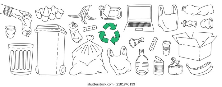 Set Of Garbage Outline Symbol. Plastic, Glass, Metal, Paper, Organic Waste Illustration. Problem Globe Pollution Concept. Unsorted Garbage Line Set