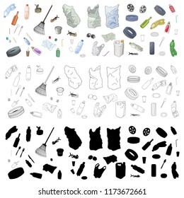 Set of garbage, plastic utensils, plastic straws, bags and wastes. Vector illustration. Hand drawn outline isolate on white backdrop. 