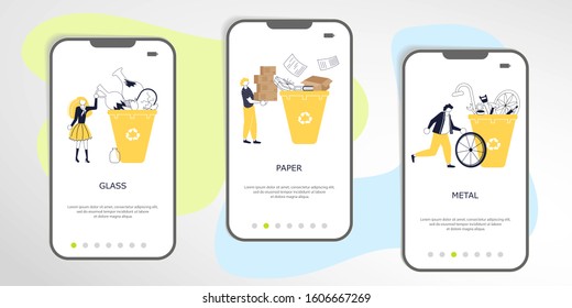 Set of Garbage Recycling element. People sorting waste rubbish and containers images. Zero waste Symbols perfect for banner, mobile app, landing page. Flat Art Vector illustration