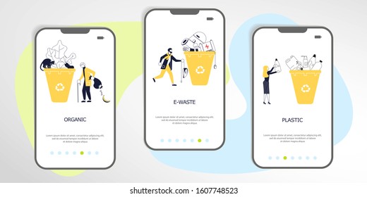 Set of Garbage Recycling element. People sorting waste rubbish and containers images. Zero waste Symbols perfect for banner, mobile app, landing page. Flat Art Vector illustration