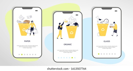 Set of Garbage Recycling element. People sorting waste rubbish and containers images. Zero waste Symbols perfect for banner, mobile app, landing page. Flat Art Vector illustration