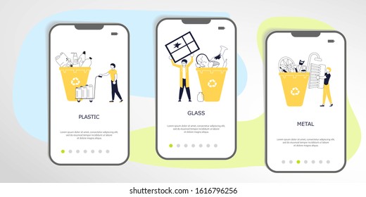 Set of Garbage Recycling element. People sorting waste rubbish and containers images. Zero waste Symbols perfect for banner, mobile app, landing page. Flat Art Vector illustration