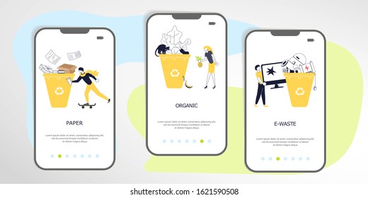 Set of Garbage Recycling element. People sorting waste rubbish and containers images. Zero waste Symbols perfect for banner, mobile app, landing page. Flat Art Vector illustration