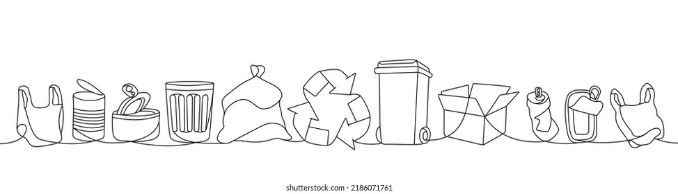 Set of Garbage recycling one line continuous drawing. Trash can, garbage bag, recycle bin, carton box, tin can continuous one line set illustration.