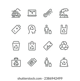 Set of garbage related icons, aluminium, cardboard, organic waste, recycle plant, plastic and linear variety vectors.