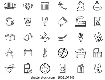 Set of Garbage Related Vector icons.Trash, Plastic,Aluminium Can, Pollution,Vector concept Organic Waste icons and  Recycle Plant concept.