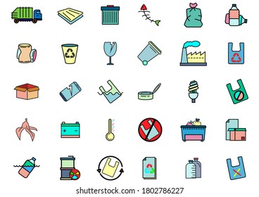 Set of Garbage Related Vector icons.Trash, Plastic,Aluminium Can, Pollution,Vector concept Organic Waste icons and  Recycle Plant concept.