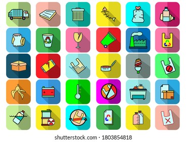 Set of Garbage Related Vector icons.Trash, Plastic,Aluminium Can, Pollution,Vector concept Organic Waste icons and  Recycle Plant concept.