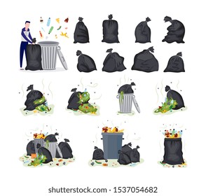 Set of garbage topic items - plastic bags, stinky rubbish and man cartoon character throws garbage into trash can, flat vector illustration isolated on white background.