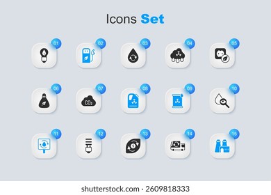 Set Garbage truck, CO2 emissions in cloud, Petrol or gas station, Recycle clean aqua, Factory production, Drop and magnifying glass, Light bulb with leaf and Radioactive waste barrel icon. Vector