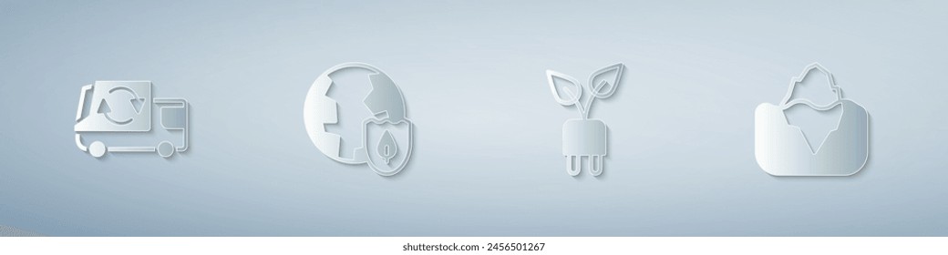 Set Garbage truck, Earth with shield, Electric saving plug in leaf and Iceberg. Paper art style. Vector