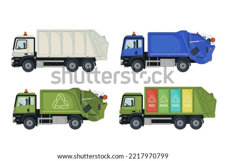 Set of garbage truck icons in flat style isolated on white background. Vehicle for eco waste collection. Reuse, reduce, recycle concept. Vector illustration.