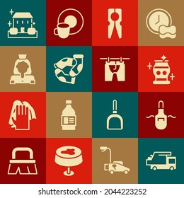 Camión de basura, delantal de cocina, jarrón limpio, alfiler de ropa, zócalos, servicio de limpieza, limpieza de casas y icono de ropa de secado. Vector